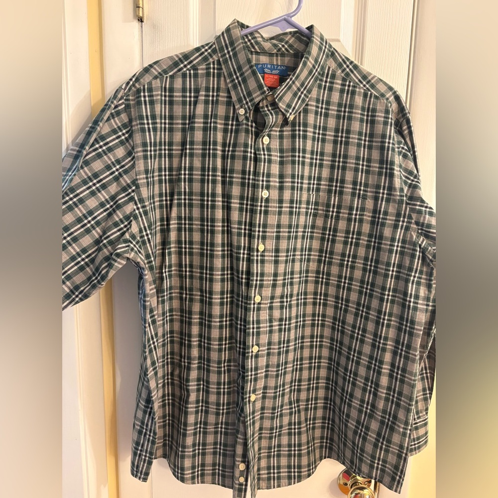 Puritan Men's Green, Black and White Plaid Shirt